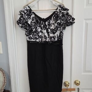 Black and White Floral Ruffle Dress